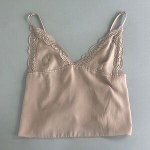light grey silky tank top w lace details size small (little pulls in the back)
